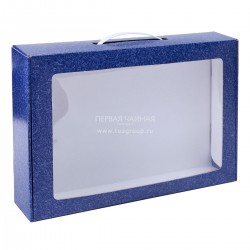 Коробка с ручкой и окном (360х260х70, синий узор)