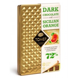 Шоколад Томер с сицилийским апельсином, горький 72%, металлический пенал, 90 гр
