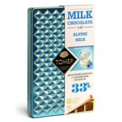 Шоколад Томер с альпийским молоком, молочный 33%, металлический пенал, 90 гр